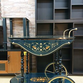 イタリー製 アンティーク キッチンワゴン 象嵌細工 (ぞうがん) サイドテーブル 飾り棚 バタフライワゴン ワインラック付■横幅50cm×奥行75cm×高さ78cm■近隣配送無料 買取帝国 朝霞店 ヤ出