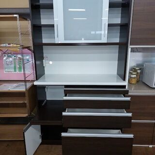 【愛品倶楽部柏店】　松田家具　Nクラッチレンジ　２枚スライド扉キッチンボード　ダークブラウン　食器棚　【問い合わせ番号　１５１-００７１８３　００２】