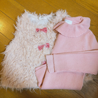 韓国子ども服　フリル襟　リブセーター　ボアベスト　リボン　ピンク