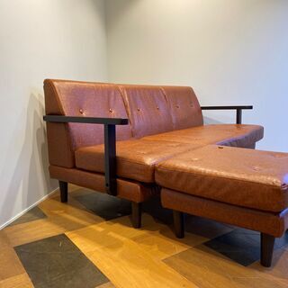 ソファ 木枠ソファ 3人掛け オットマン付き ライトブラウン 品