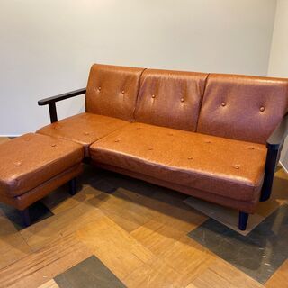 ソファ 木枠ソファ 3人掛け オットマン付き ライトブラウン 品