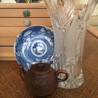 sold！70年前に上海購入茶器、藍染皿、HOYA花瓶
