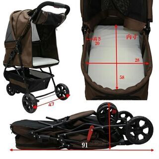 ●新品●3輪 ペットカート　ブラウン●耐荷重20kg●タイヤサイズはクラス大口径●老犬猫介護用●ペットバギー●多頭飼い対応用●