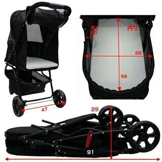 ●新品●3輪 ペットカート　ブラック●耐荷重20kg●タイヤサイズはクラス大口径●老犬猫介護用●ペットバギー●多頭飼い対応用●