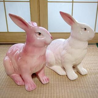 【ネット決済】うさぎの置物 陶器 2点★ピンク ホワイト