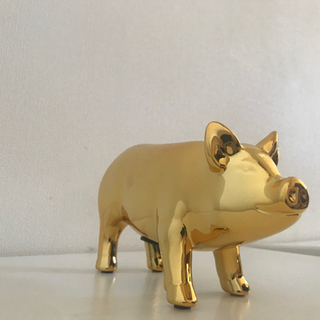 セラミックス製 豚の貯金箱オブジェ ゴールド 