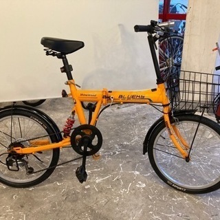カゴ付き】20インチ折りたたみ自転車 6段変速 オレンジ