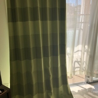 緑色のカーテン&レースカーテン（フック、タッセル付き）