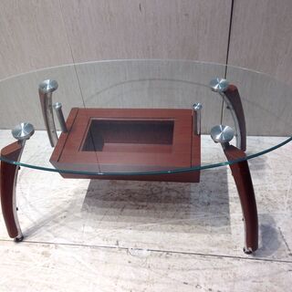 ♠6　センターテーブル　ガラス天板　楕円形　ローテーブル　机　