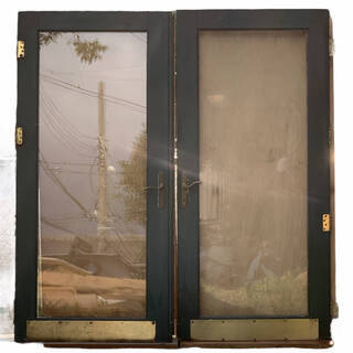 店舗用ドア　両開き　ガラス戸　ブラウン/グリーン　高さ2040mm 幅910mm 厚さ45mm オーダーメイド品