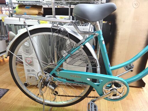 26インチ自転車 シティサイクル 6段変速 グリーン系 ライト/カゴ/ベル/荷台/カギ/ワイヤーロック付き ママチャリ アジェンダ　西岡店 26インチ自転車 シティサイクル 6段変速 グリーン系 ライト/カゴ/ベル