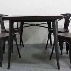 インダストリアル ダイニングセット テーブル/チェア×4 木天板 アイアン 座面クッション  テーブル 中古家具 店頭引取歓迎 R4446)
