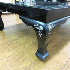 座卓 螺鈿細工 孔雀 蝶 草花 ガラス板欠け 黒 幅 約151cm 中古 札幌 厚別店