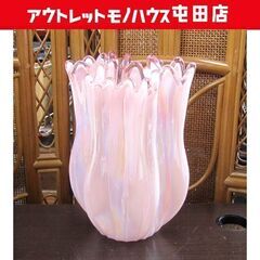 ガラス花瓶 ピンク＆オーロラ系 ハンドメイド手作り花入れ フラワ...