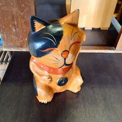 招き猫 木彫り 置物 レトロ / EJ-0007
