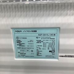 安心の1年保証付！！ AQUA　1ドア冷凍庫　AQF-GS13J  2021年製