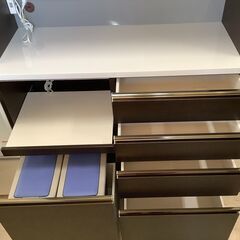 【値下げしました！】入江木工 レンジボード 食器棚 ハイタイプ R650 ブログ120 WH×木目DBR【ユーズドユーズ名古屋天白店】 J1200