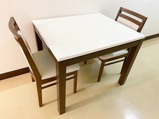 札幌 ダイニングセット テーブルサイズ調整可能 2人用 ホワイト×ブラウン ダイニングテーブル チェア 中古