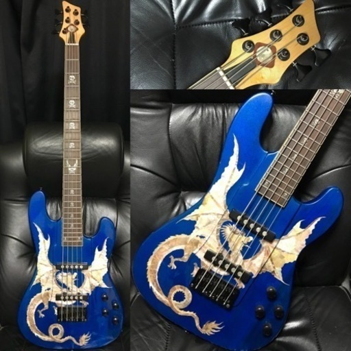 オーダー? カスタム 1点物 5弦 ベース ギター BASS アクティブ 龍 シェル装飾 シースルー 木目 格安‼️