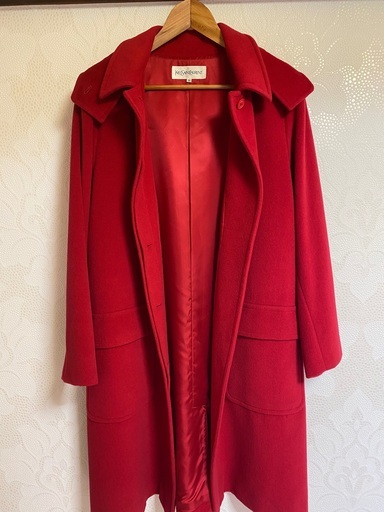 値下げ【イヴサンローラン】赤コート Yves Saint Laurent コート ステンカラーコート フード付き  アンゴラ ウール アウター 古着 36(M相当) レッド