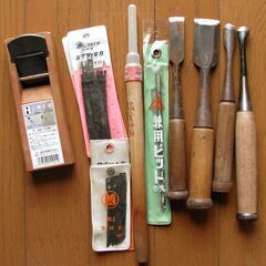中古【木工ツール】ノミ４本、カンナ、キリ、兼用ビット、ジグソー替刃
