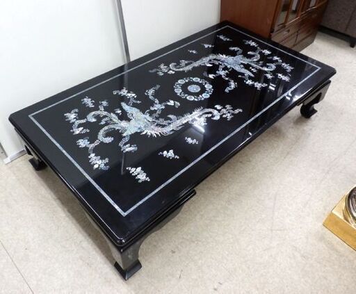札螺鈿細工 座卓テーブル 152cm ガラス天板付き 黒漆 工芸品 家具 アジア 札幌市西区 西野