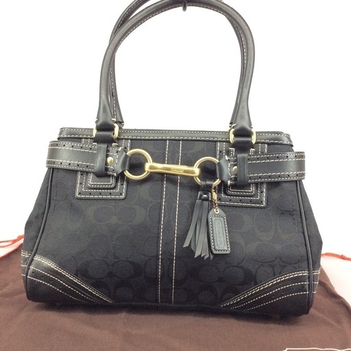 COACH コーチ 黒レザー×シグネチャー 肩かけショルダージップトートバッグ