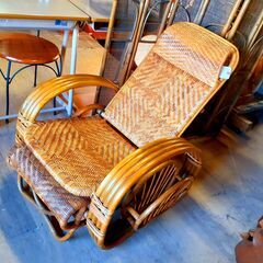 アジアンチェア 昭和レトロ 籐製 ラタン 椅子 3段階リクライニ...