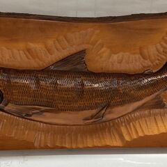 光司作　壁掛け木彫り鮭　全長89㎝　骨董品　置物　看板　魚
