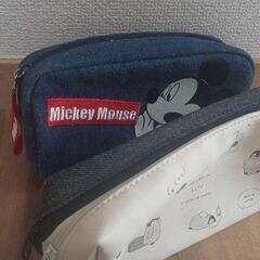 【2つセット】デニム生地 筆箱 ペンポーチ ミッキーマウス&ペン...