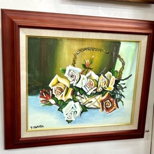 花かごの絵画 真作】絵画 作者不詳 油彩 花 バスケットに咲く黄色い花の