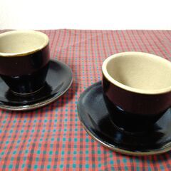 【中古・未使用品】３点　益子焼のコーヒーカップ×２　ガラスコップ...