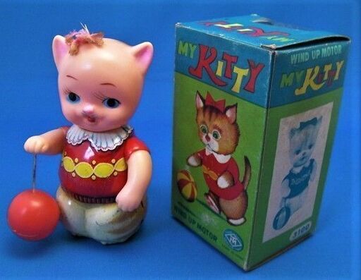 ブリキのおもちゃ昭和レトロ★1960年代の増田屋(モダントーイ)可愛いネコ・猫の玉突き◎マリつき/ボール遊び◆ゼンマイ箱付き