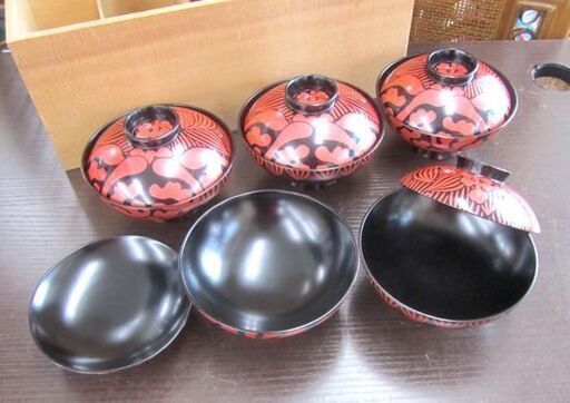 会津塗 朱磨 菊桐 吸物椀 5客 木製 漆器蓋物椀 お椀 箱
