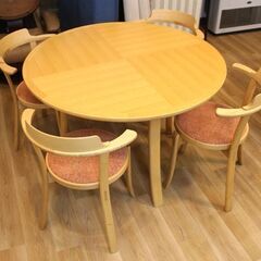 (Y)北大前! 札幌 引取 CONDE HOUSE/カンディハウス ルントオム 丸テーブル アームチェア ダイニング5点セット ナラ オーク 楢材 木製 中古②