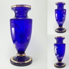 ボヘミアガラス 花瓶 チェコスロバキア製 青 クリスタルガラス