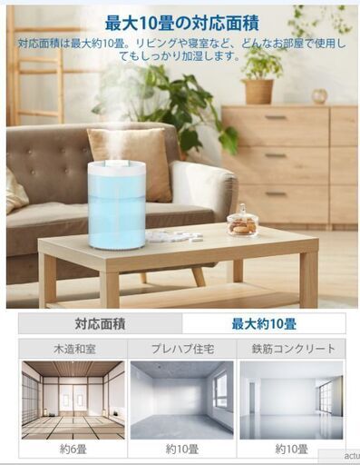 【新品・未使用】加湿器 超音波式 アロマ/次亜塩素酸水対応 4L大容量 上から注水 3段階ミスト量調整8-10畳対応