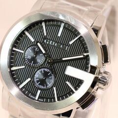 【苫小牧バナナ】展示品 GUCCI/グッチ Gクロノ YA101204 クロノグラフ 101.2 メンズ クオーツ腕時計 黒文字盤/メタルブレス/44mm幅 付属あり