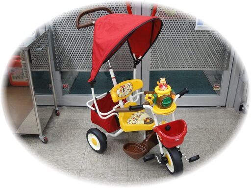 【売切り】 美品 idea Disny ディズニー くまのプーさん 幼児用 三輪車 ポップアップカーゴ アシストグリップ 日よけ付