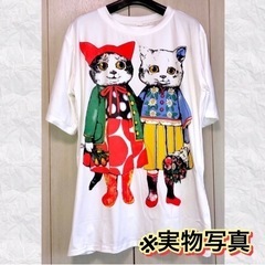 【LLサイズ】ゆったりTシャツ 猫シスターズ レトロ