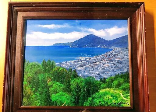 小川久雄　別府湾　風景画　8号　ガラス額