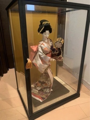 日本人形 ガラスケース入り 伝統工芸木製品 鼓