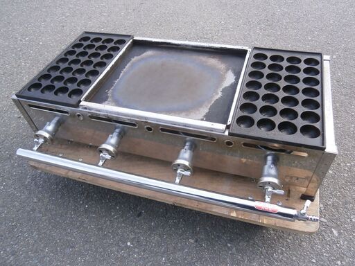 ☆中古品 LPガス たこ焼き器 38㎜ 28穴ｘ2連 鉄板焼きグリル 焼きそば、お好み焼き 900ｘ480ｘ200㎜ 動作問題なし 厨房☆