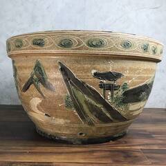 ⭕⭕⭕KG3/35　直接引取歓迎 大きい 大型 火鉢 大火鉢 陶器 高さ36cm 幅64cm 植木鉢 盆栽 鉢 陶器 古道具 古民具 下横に穴 風景 昭和 レトロ⭕⭕⭕