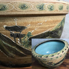 ⭕⭕⭕KG3/35　直接引取歓迎 大きい 大型 火鉢 大火鉢 陶器 高さ36cm 幅64cm 植木鉢 盆栽 鉢 陶器 古道具 古民具 下横に穴 風景 昭和 レトロ⭕⭕⭕