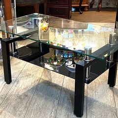 ガラステーブル ローテーブル 横幅90cm 強化ガラス 黒…