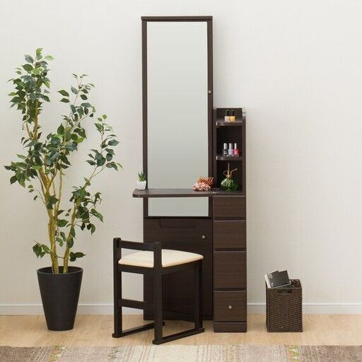 定価￥40,639 多収納★姿見ドレッサー ダークブラウン 折りたたみテーブル 全身鏡 (ノーブル BR)★買取帝国 志木店