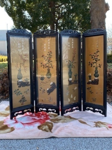 中国美術 時代唐物 玉石細工 ４枚折 衝立 屏風 パーティション お値下げ相談可‼️