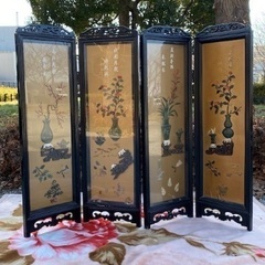 中国美術 時代唐物 玉石細工 4枚折 衝立 屏風 パーティション お