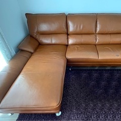 カウチソファー ハイバック 3人掛け 革張り L字型 ブラウン おしゃれ